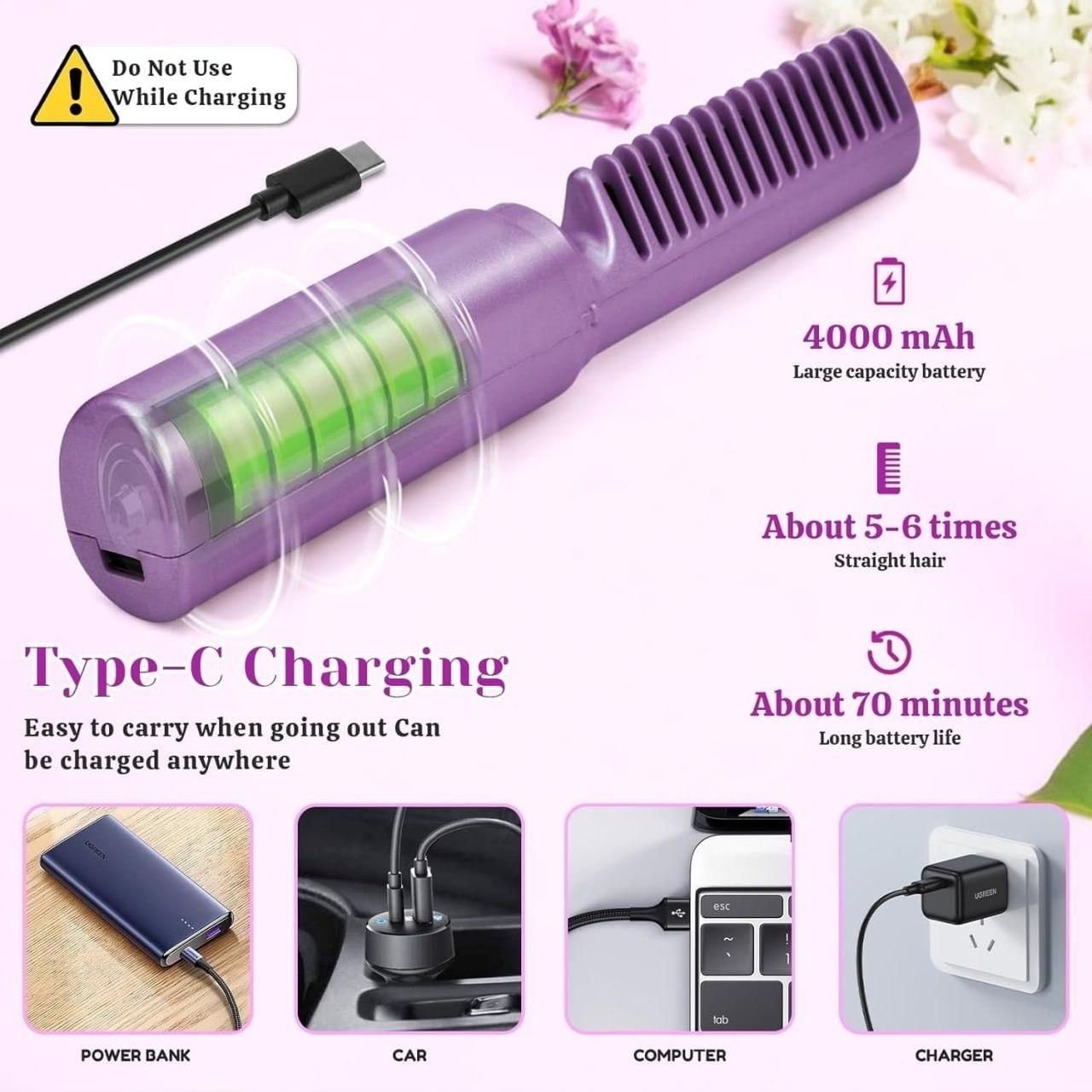 Portable Mini Hair Straightener Cordless Rechargeable Mini Adjustable Hair Straightener Hot Comb